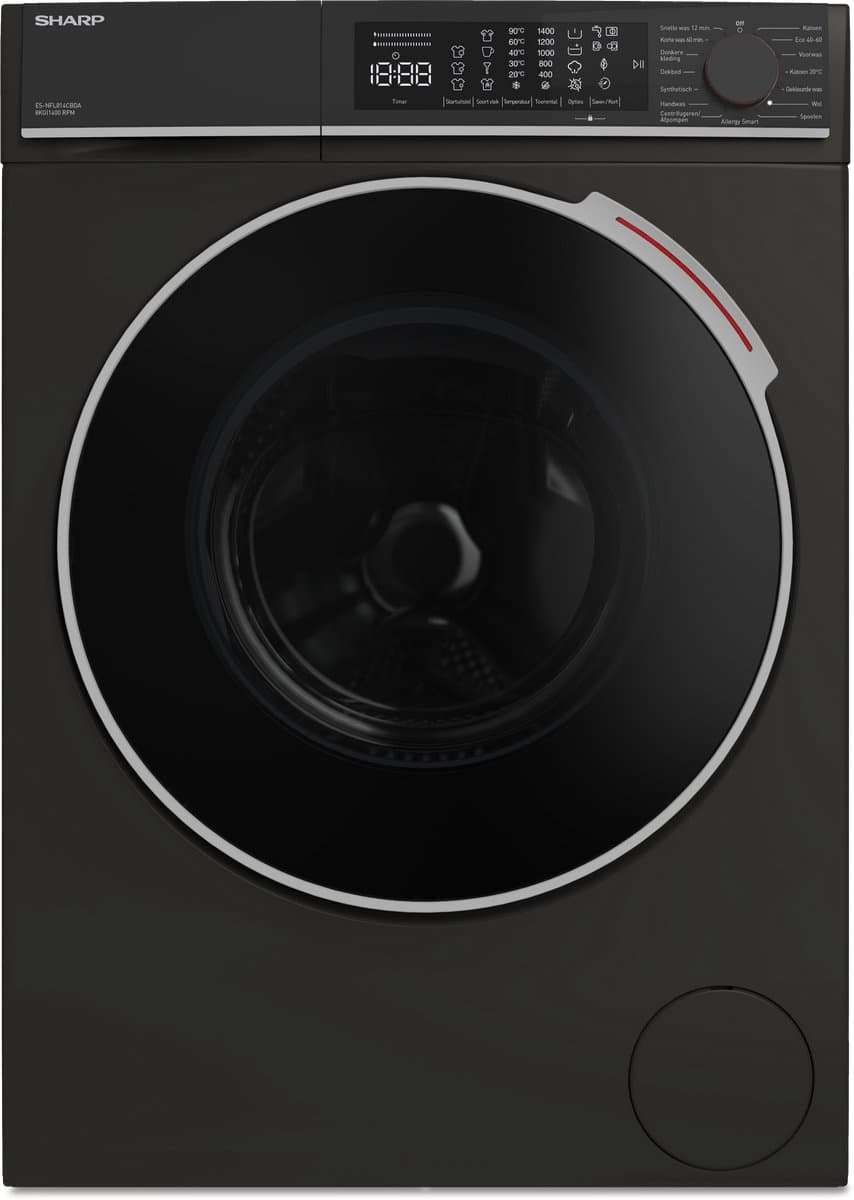 Sharp ESNFL814CBDABX - wasmachine - energie label A-20% - 8kg - 1400 toeren - 15 programma's - Mat Zwart