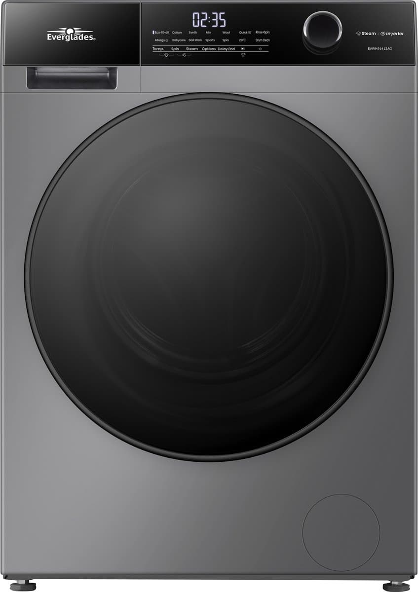 Everglades EVWM91412AG Zuinige Wasmachine - 9KG - A Klasse - Stoomfuncties/Allergie+ - Koolborstelloze Motor - Zeer Stil 72dB - Titanium Grijs - 5 Jaar Garantie