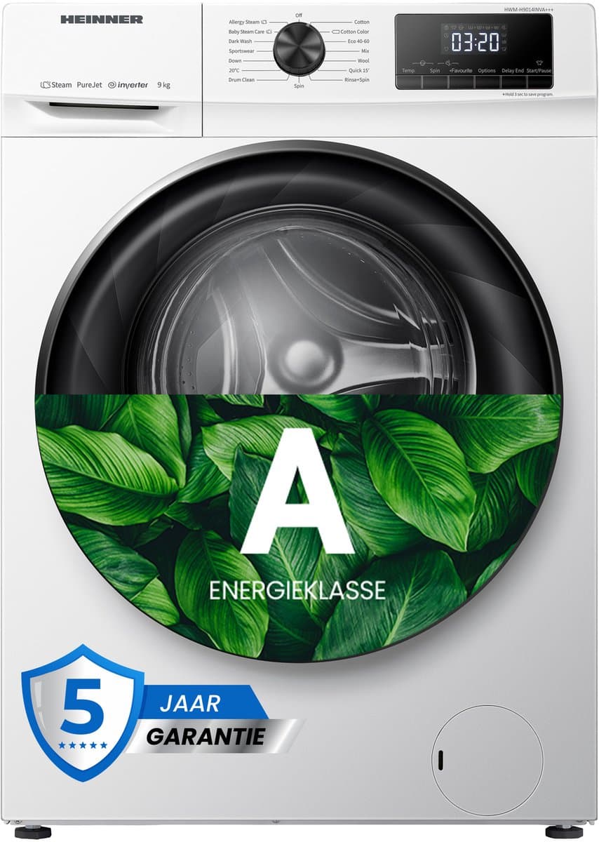 Heinner HWM-H9014INVA+++ Wasmachine 9 kg – 14 Programma’s Met Stoomfunctie & Voorwasprogramma – 1400 tpm – LED Display – Energieklasse A – Wit – 5 Jaar Garantie