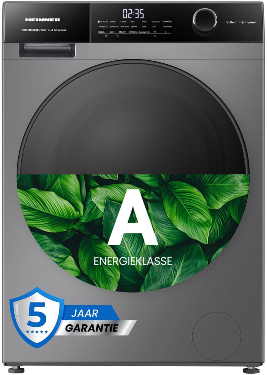 Heinner HWM-HMK1014IVTA+++ Wasmachine 10 kg – 1400 tpm – Inverter motor – Touchbediening – Allergievriendelijk – Energieklasse A – Titanium Grijs – 5 jaar garantie