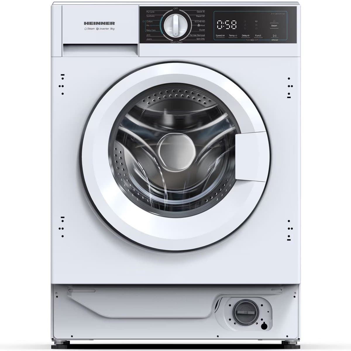 Heinner HWM-BI914IVA+++ Inbouwwasmachine 9 kg – 1400 tpm – Inverter Motor – Energieklasse A – 15 Programma’s met Stoomfunctie – Trommelreiniging – Wit – 5 Jaar Garantie