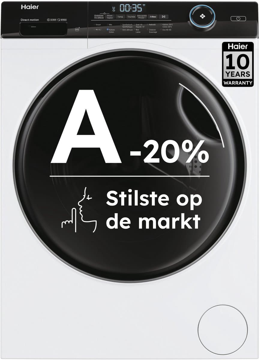 Haier HW80-B14959U1DF - De stilste wasmachine op de markt - 8kg - A-20% - Stoombehandeling & Refresh - Antibacteriële Behandeling (ABT) - 16 programma’s- 10 jaar garantie op onderdelen