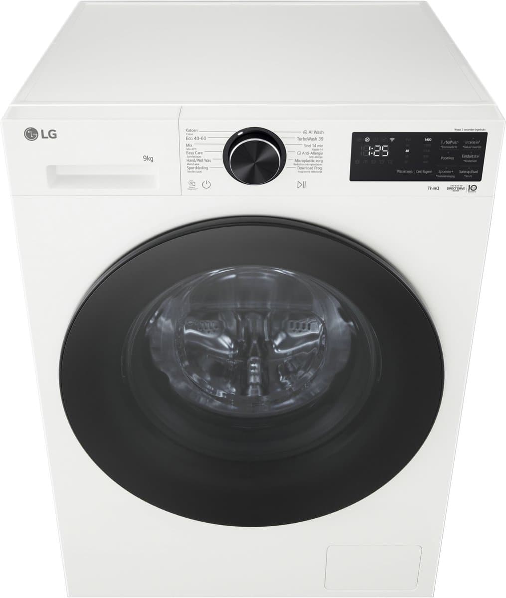 LG F4X5009TWB wasmachine 9 kg met AI DD voor betere stofverzorging, TurboWash360˚ voor snel en grondig wassen in ca. 39 min, Steam verwijdert allergenen en bacteriën, ThinQ slimme bediening en stille, duurzame Inverter Direct Drive. Energieklasse A