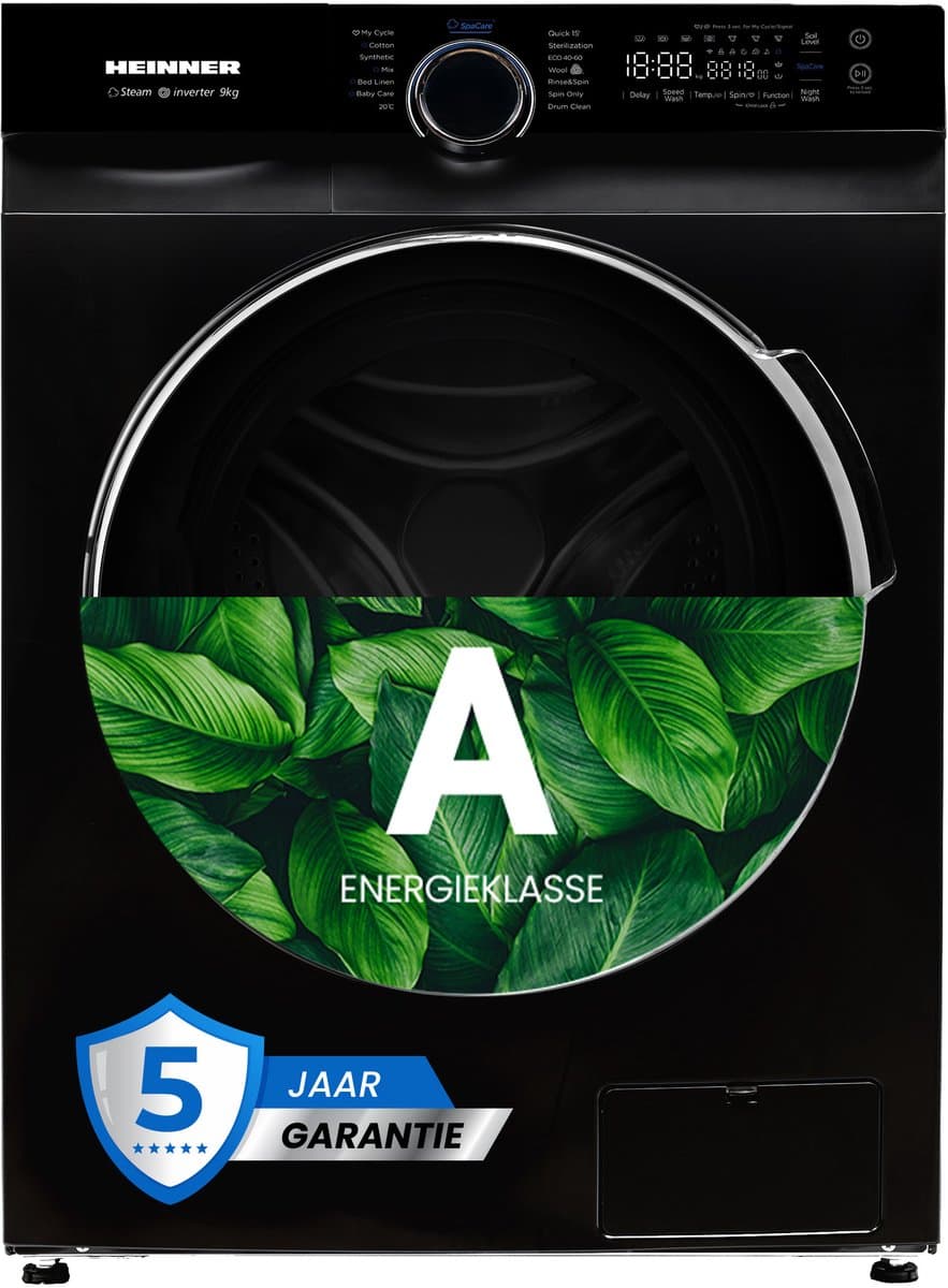 Heinner HWM-M914IVKBA+++ Wasmachine 9 kg – 1400 tpm – Inverter Motor – Touchbediening – 14 Programma’s – Stoomfunctie & 15-min Snelprogramma – Energieklasse A – Zwart – 5 Jaar Garantie